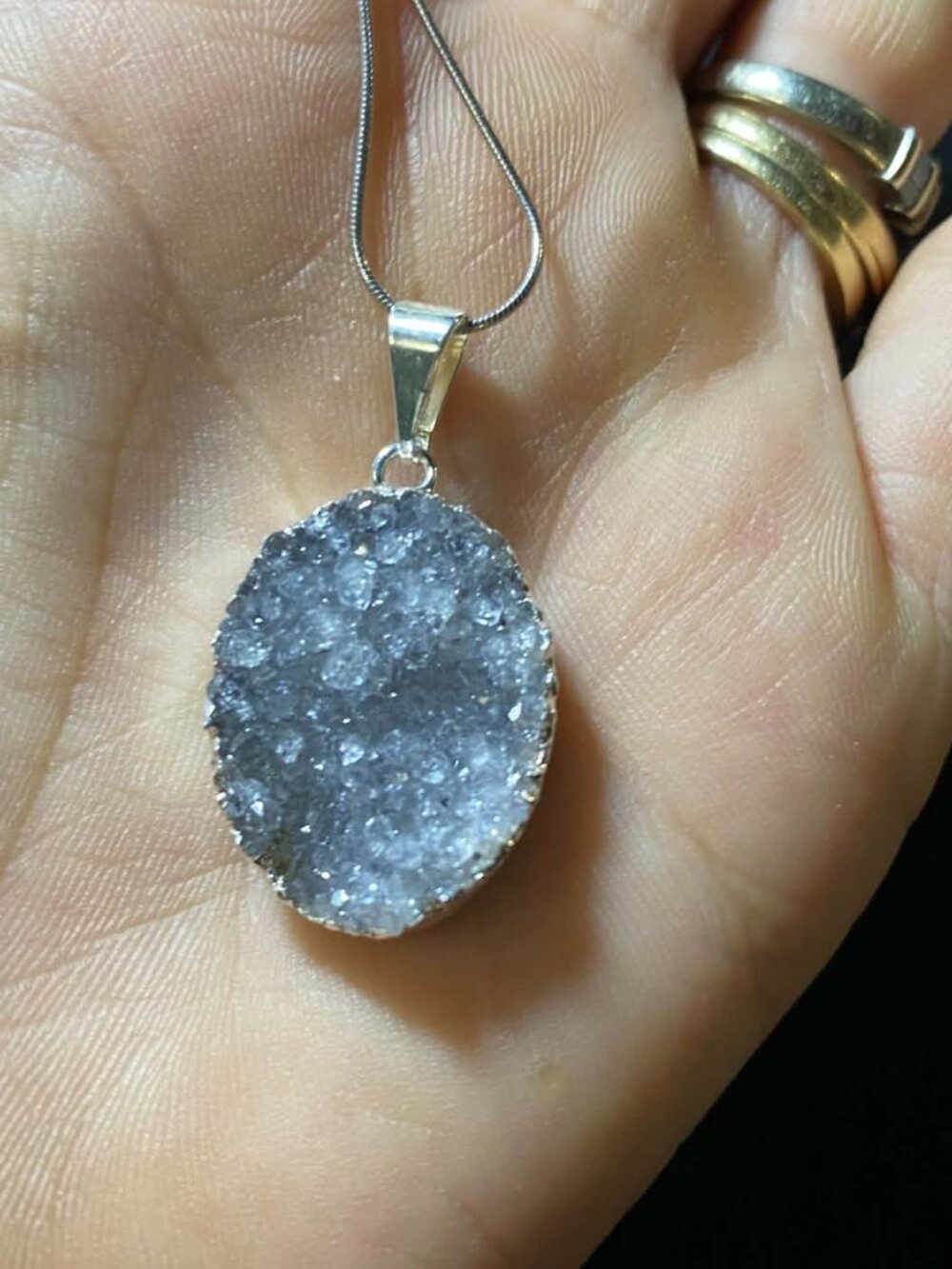 .925 Natural Gray Agate Quartz Druzy Crystal Geode Silver Pendant and Chain